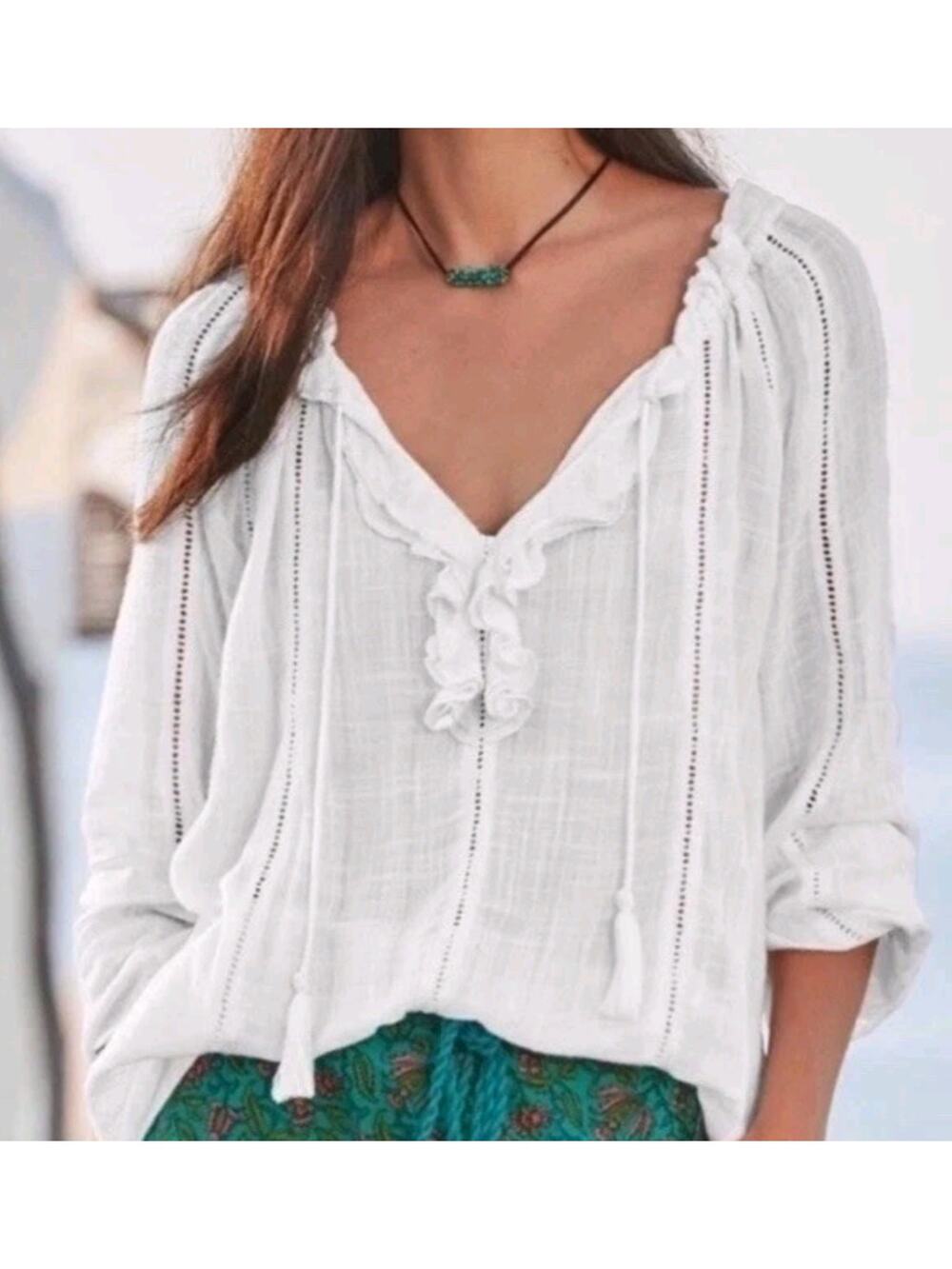 Sundance Artists Ladder Cotton Blend Peasant Blouse White Embroidered Top Large
